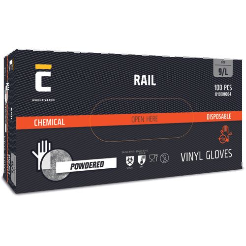 RAIL  pudrované, vinylové,jednorázové rukavice - L